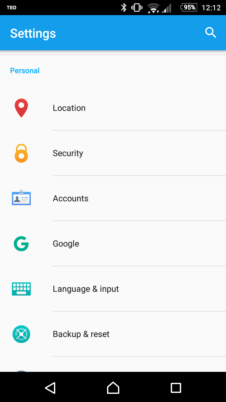 Android Settings screen with Accounts selected