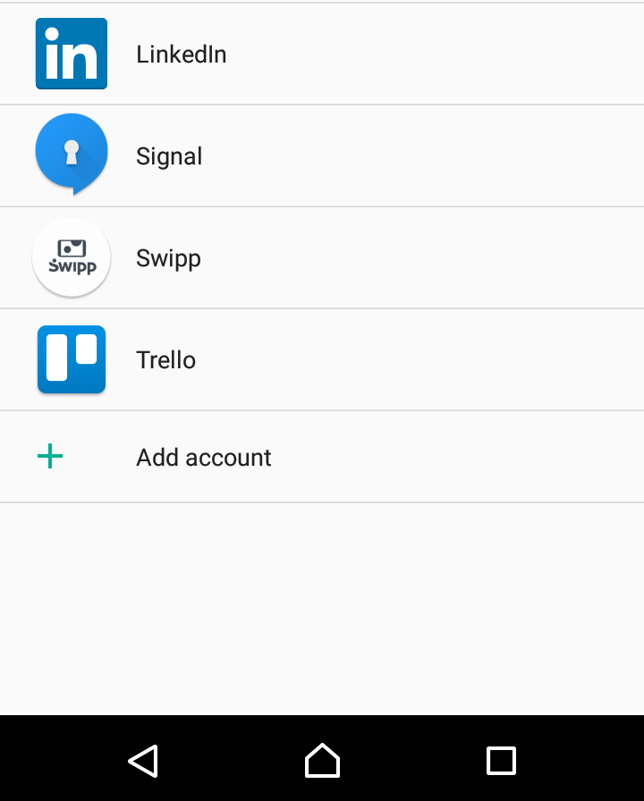 Android Accounts screen with Add account selected