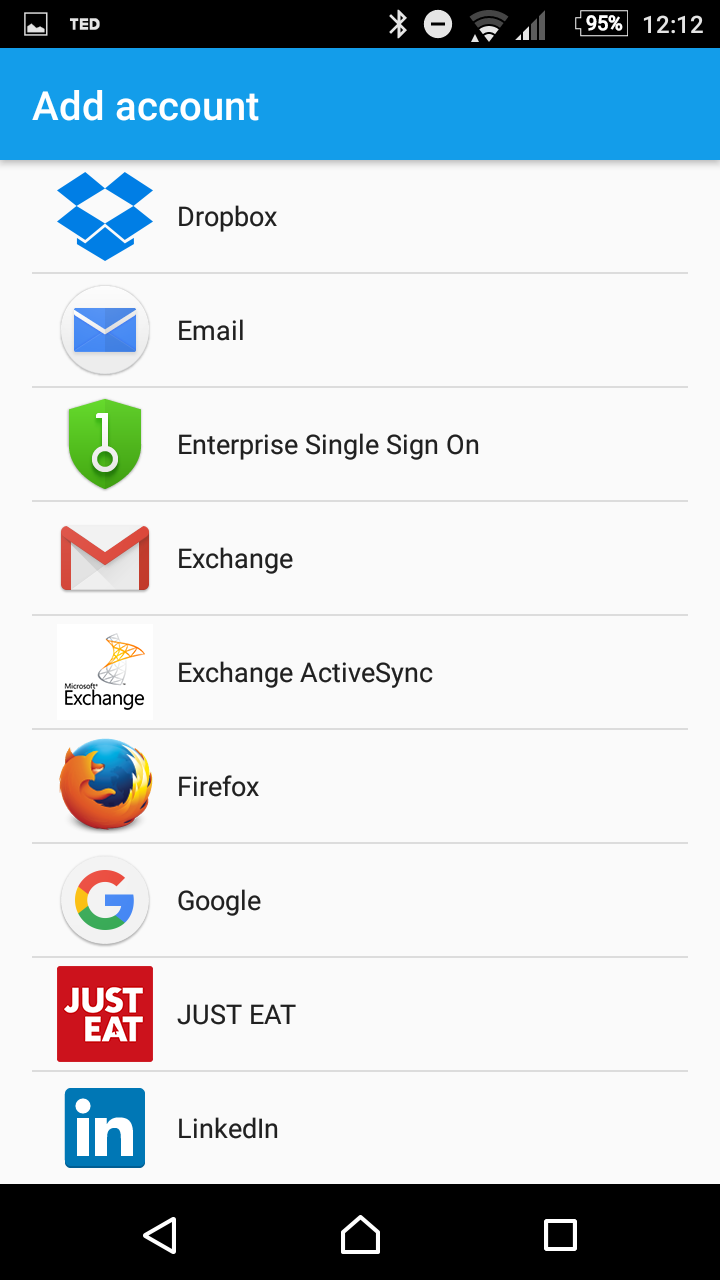 Android account type screen with Email selected