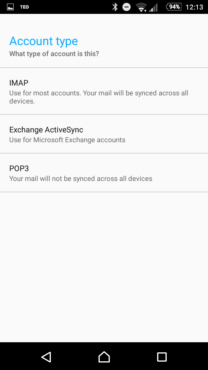 Android email account type screen with IMAP selected