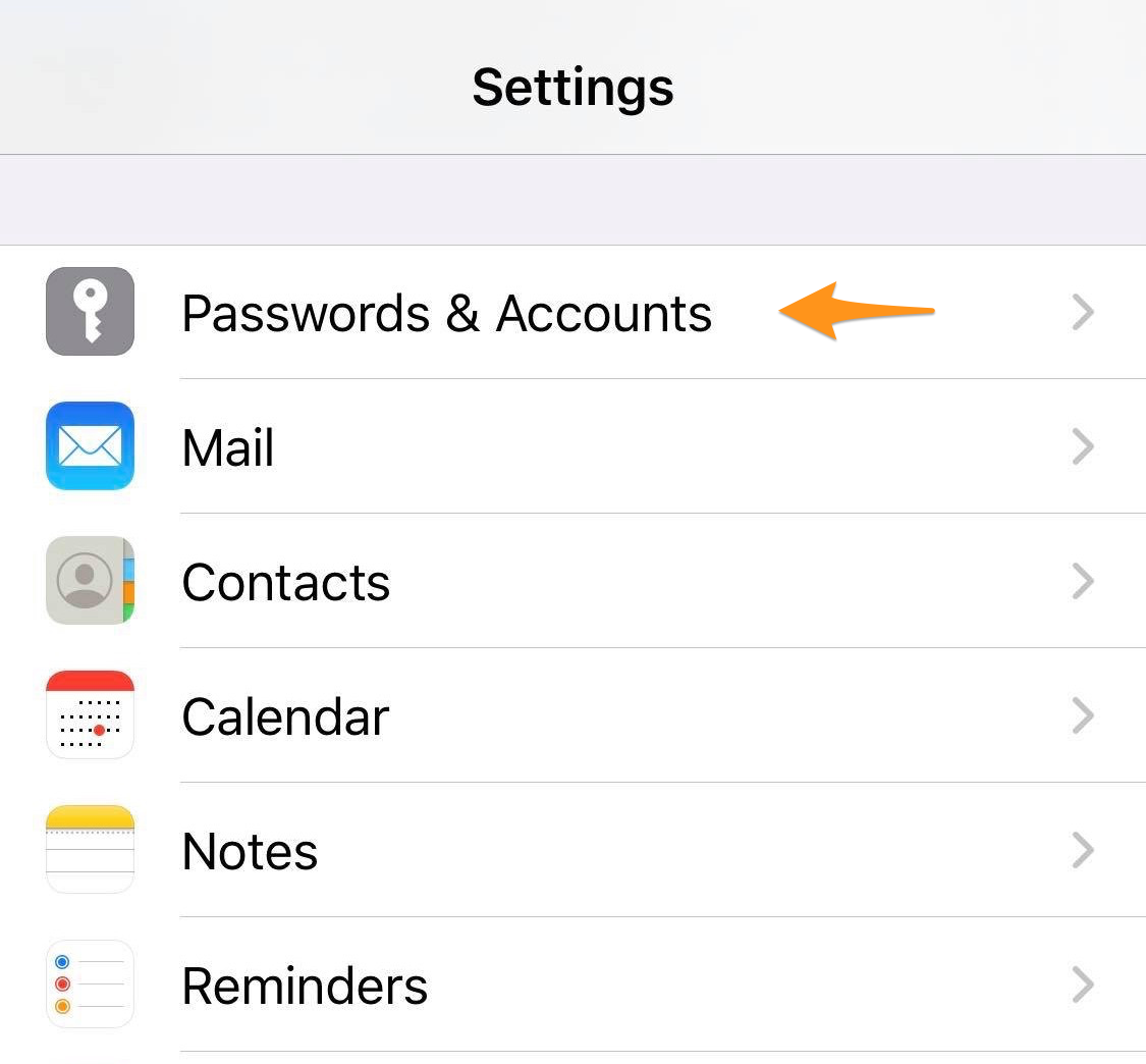 iPhone Settings screen with Passwords and Accounts highlighted
