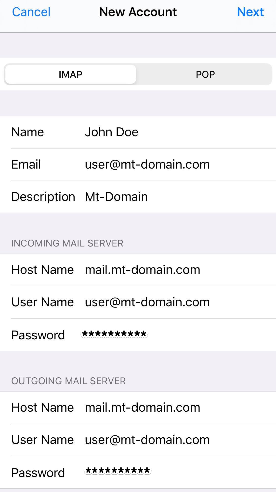 iPhone IMAP incoming and outgoing mail server form