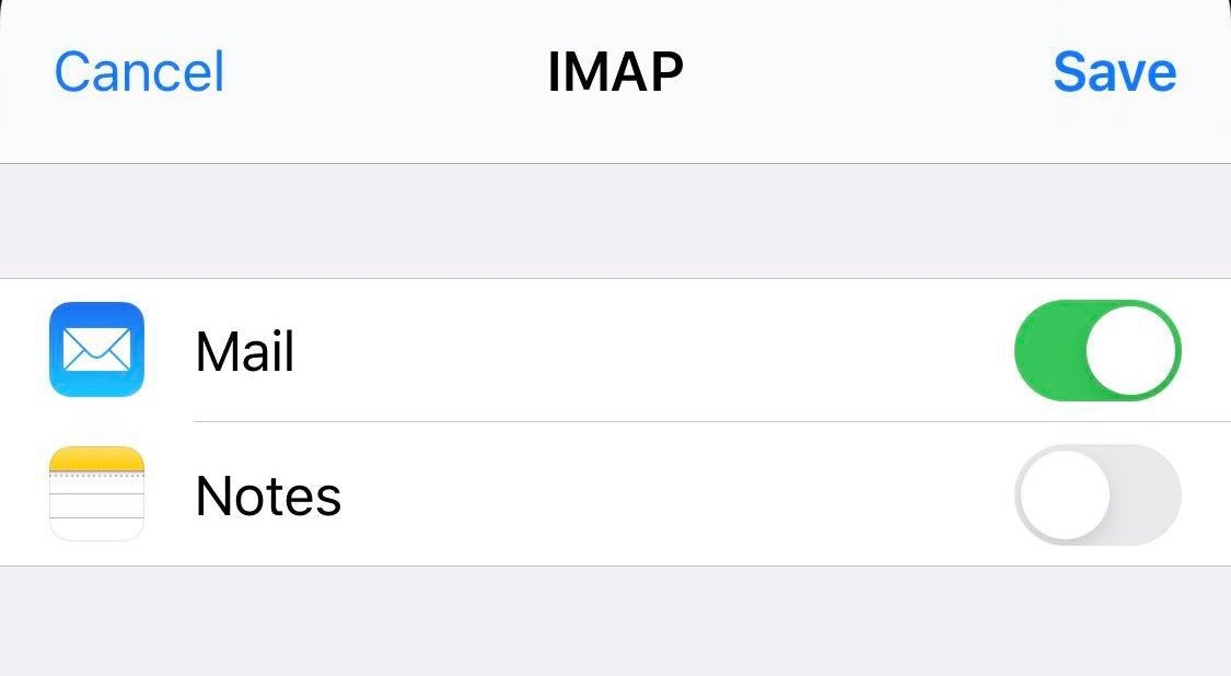 iPhone IMAP account options with Mail enabled