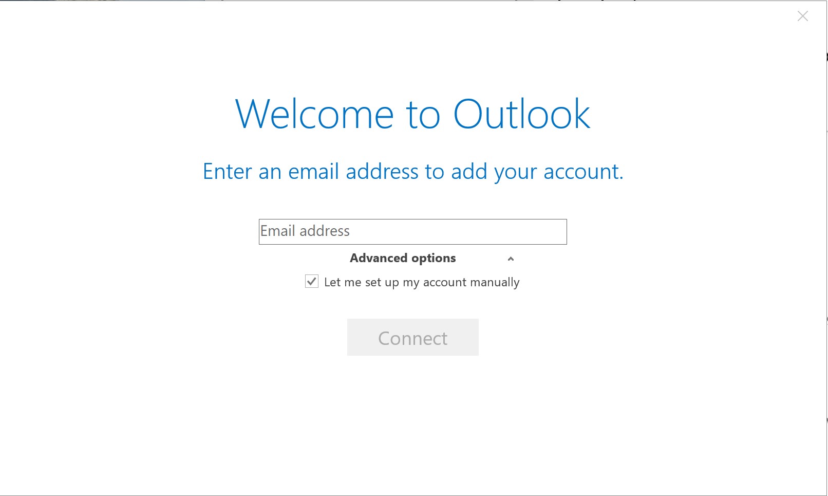 Classic Outlook advanced setup option for manual account setup