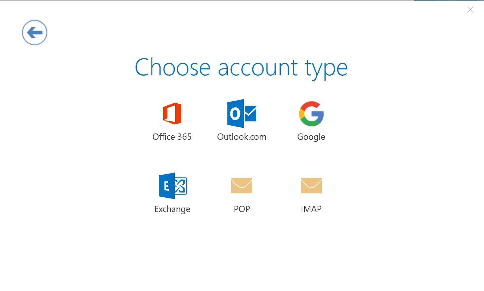 Classic Outlook account type selection showing POP and IMAP