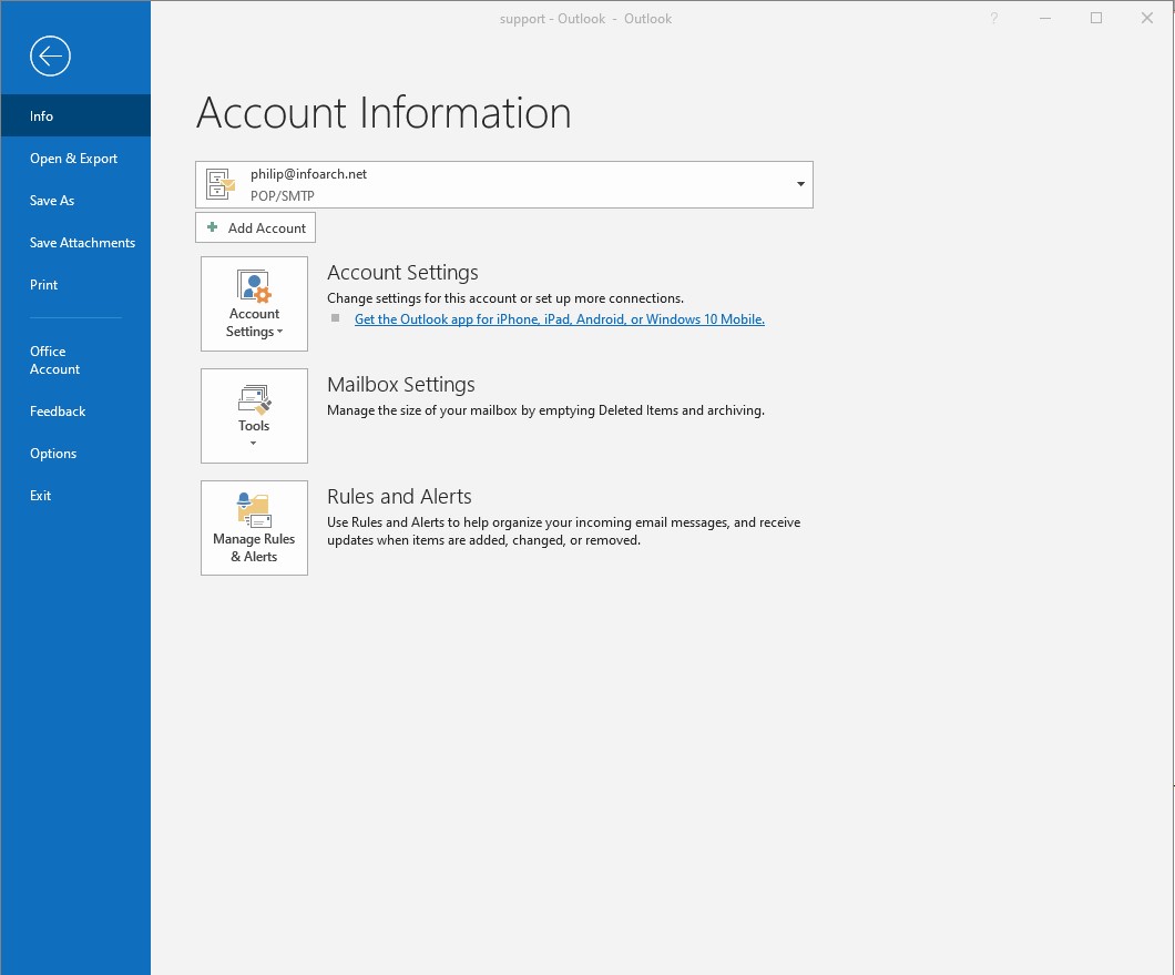 Classic Outlook File account page reference screen