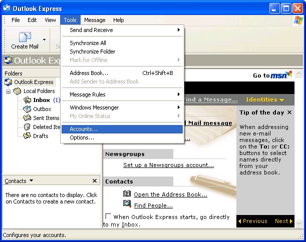 Outlook Express Tools menu with Accounts selected