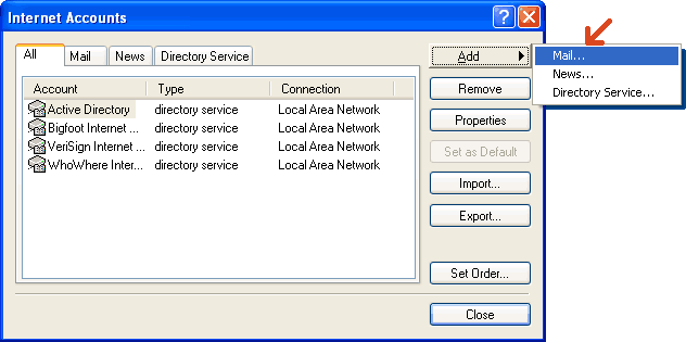 Outlook Express Internet Accounts window with Add Mail selected