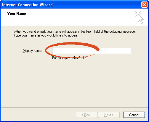 Outlook Express display name entry screen