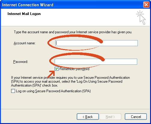 Outlook Express account name and password screen