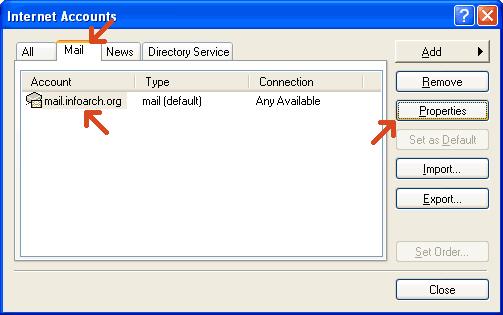 Outlook Express account properties window