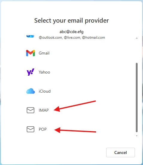 New Outlook provider selection with IMAP and POP options
