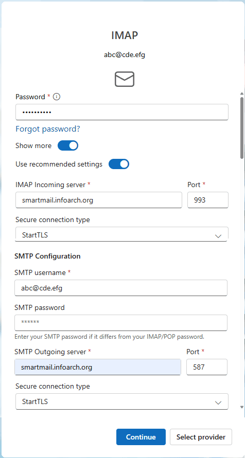New Outlook IMAP server settings example