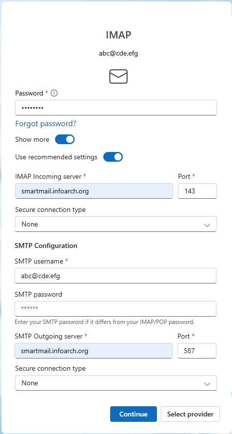 New Outlook alternative IMAP server settings example