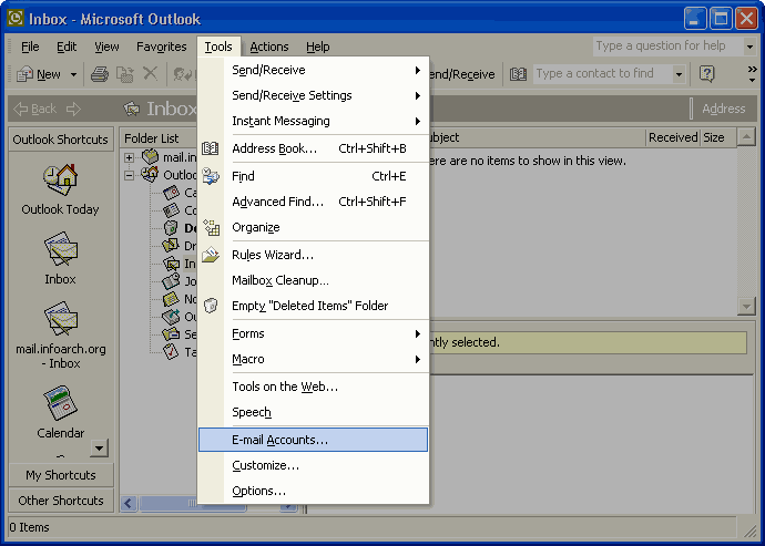 Outlook XP Tools menu with Email Accounts selected