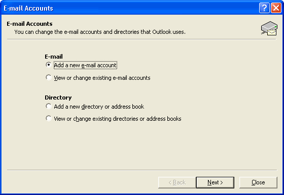 Outlook XP email account creation options