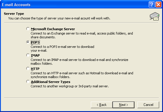 Outlook XP server type selection