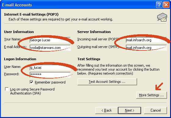 Outlook XP POP or IMAP account settings form