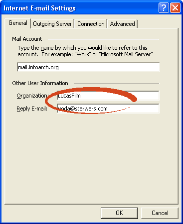 Outlook XP general account information settings