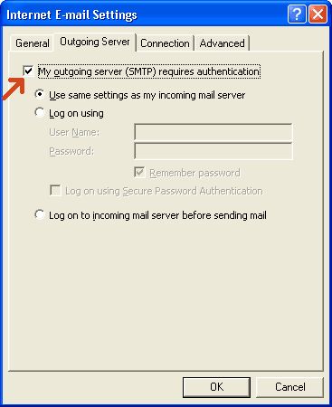 Outlook XP outgoing server authentication settings